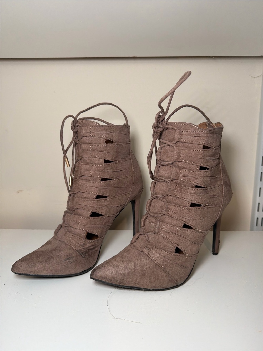 Suede Lace-Up High Heel Booties